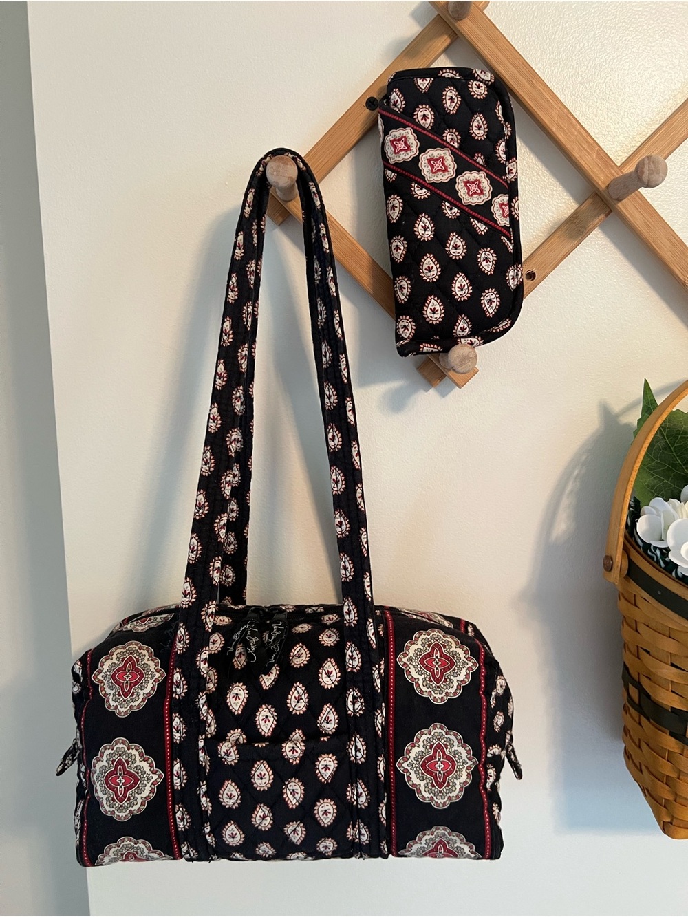 Vera Bradley Classic Black Barrel Shoulder Bag with Matching Glasses Case